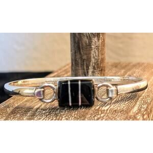 Mexico 925 Sterling Black Onyx Silver Inlay Tension Clasp Bangle Bracelet
